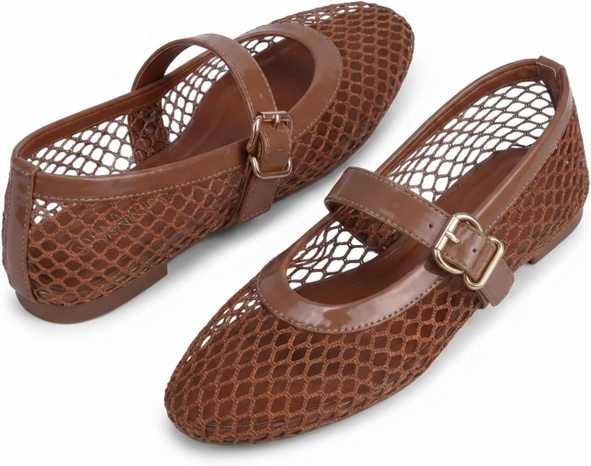 EMMA NEW YORK Mesh Ballet Flats for Women, Mary Jane Mesh Ballet Flats Shoes for Women with Buckle Strap.