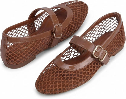 EMMA NEW YORK Mesh Ballet Flats for Women, Mary Jane Mesh Ballet Flats Shoes for Women with Buckle Strap.