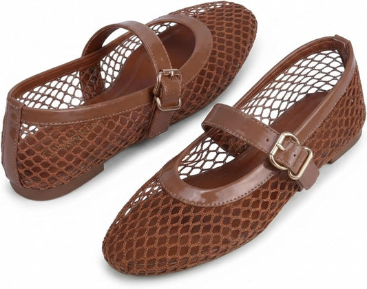 EMMA NEW YORK Mesh Ballet Flats for Women, Mary Jane Mesh Ballet Flats Shoes for Women with Buckle Strap.