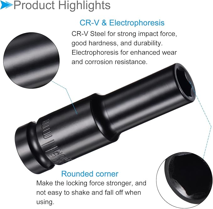 Deep Impact Socket, 12" Drive 11mm Socket, CR-V Steel Rounded Corner Design 6-Point Deep Impact Socket - (Applications: for Screw Installation and Removal)