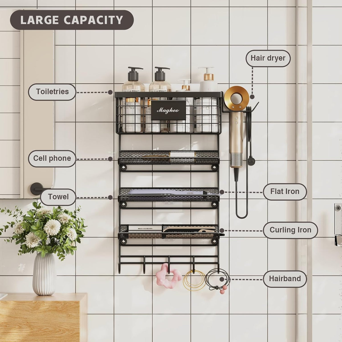 Magheo Hair Dryer Holder Wall Mounted, Adheisve Hair Tool Organizer for hair Brush/Appliance Wall Mount with 5 Tier Shelf Basket Hooks Blow Dryer and Straightener Holder for Bathroom(Black)