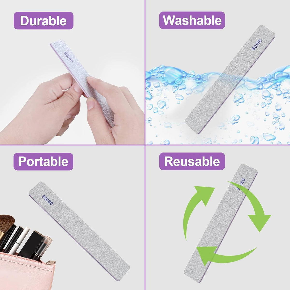 80/80 Grit Nail Files (24 Pack), Heavy Coarse Emery Boards for Acrylic Nails and Gel Nails, 80 Grits Double Sided Nail File Emory Professional Nail Filer Reusable Washable Manicure Square Gray