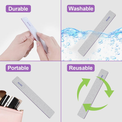 80/80 Grit Nail Files (24 Pack), Heavy Coarse Emery Boards for Acrylic Nails and Gel Nails, 80 Grits Double Sided Nail File Emory Professional Nail Filer Reusable Washable Manicure Square Gray