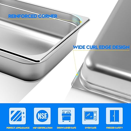 6 Pack Hotel Pans, 14 Size 6" Deep, NSF, Commercial Stainless Steel Pan, Steam Table Pan, Catering Food Pan
