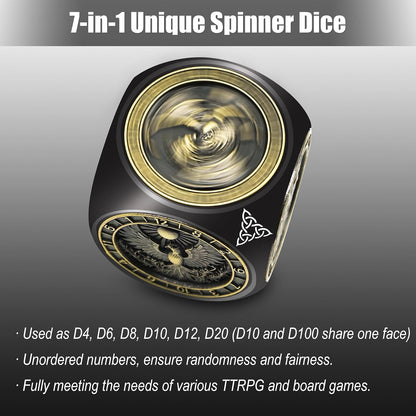 DND Spinner Dice, 7 in 1 Unique Metal Dice Set with 3D Relief for Dungeons and Dragons Gifts, Cool Polyhedral Role Playing Game Dice, Fantasy D&D Tabletop RPG Accessories for DM & Player (COLOR DIFFERENT FROM PICTURE. Color: Metallic Dark Gray)