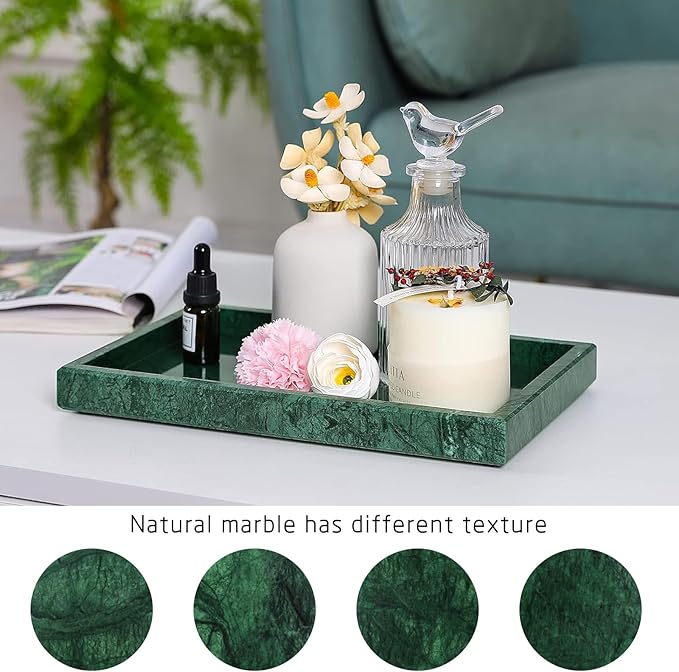 Marble Bathroom Vanity Tray, Natural Luxury Vanity Home Kitchen Bathroom Table Tray, Stone Decorative Countertop Dresser Trays for Key Coffee Perfume Jewelry Makeup (Blackish Green, 12" x 8" x 1.2")