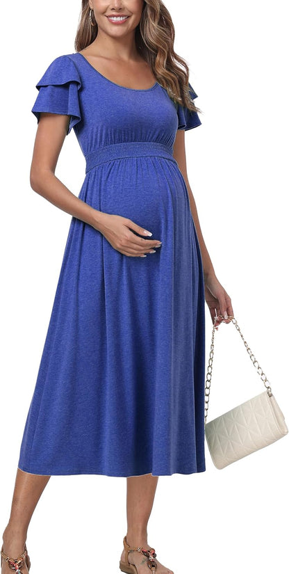 Ruffle Short Sleeve Maternity Dress High Waisted Midi Spring Baby Shower Dresses