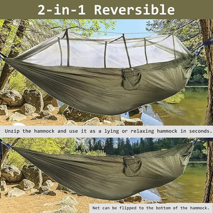 Camping Hammock with Mosquito Net Portable Lightweight Hanging Hammocks with 2 Tree Straps 210T Parachute Nylon Hammock for Outdoor Hiking Survival Travel, Green