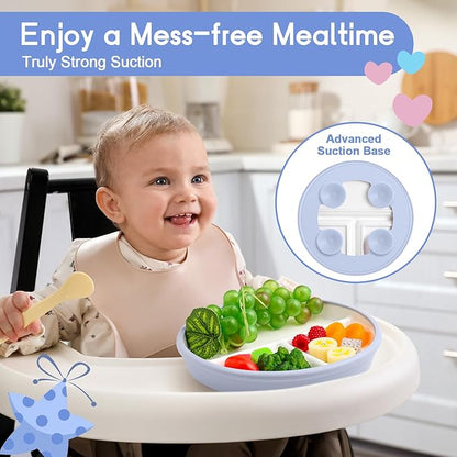 Domensi 8" Porcelain Kids Plates with Anti-slip Silicone Sleeve White Divided Porcelain Plates with Suction for Toddler Microwave Dishwasher Friendly(Blue, Green,2 Pcs)