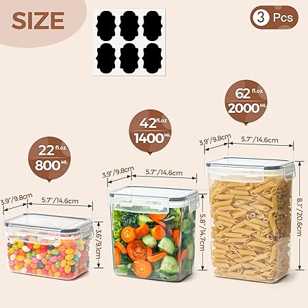 ComSaf Food Storage Containers with Lids Set of 3 (2L62oz) (1.4L42oz) (0.8L22oz), Airtight Food Storage Containers, Plastic Canisters Sets for Kitchen, Pantry Organizers for Sugar, Cereal and Snack
