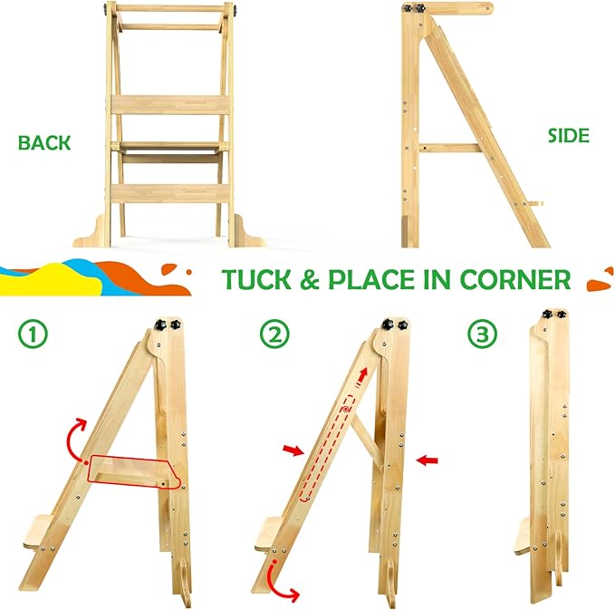 Toddler Tower Foldable - Kids Kitchen Step Stool with 3 Adjustable Heights  Safety Rail, Montessori Tower with Chalkboard for Learning, Standing Tower Helper Stool for Kitchen Counter Sink (Natural)