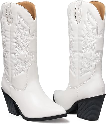 SHIBEVER Cowgirl Boots for Womens Western: Cowboy Pointy Toe Chunky Heel Embroidered Mid Calf Boot with Side Zipper
