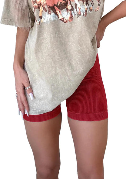 Women's High Waist Yoga Workout Impact Shorts Ribbed Seamless Workout Athletic Legging Shorts