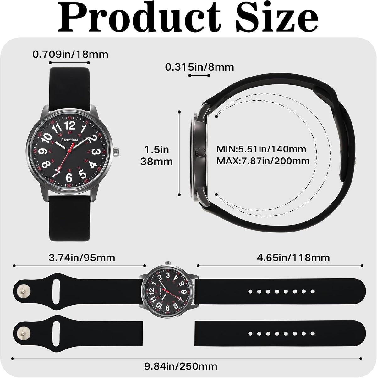 Casotime 30M Waterproof Nurse Watch - Luminous Easy Read Dial, Second Hand & 24H Military Time, Durable Silicone Band for Nurses, Medical Professionals, Students - Men and Women