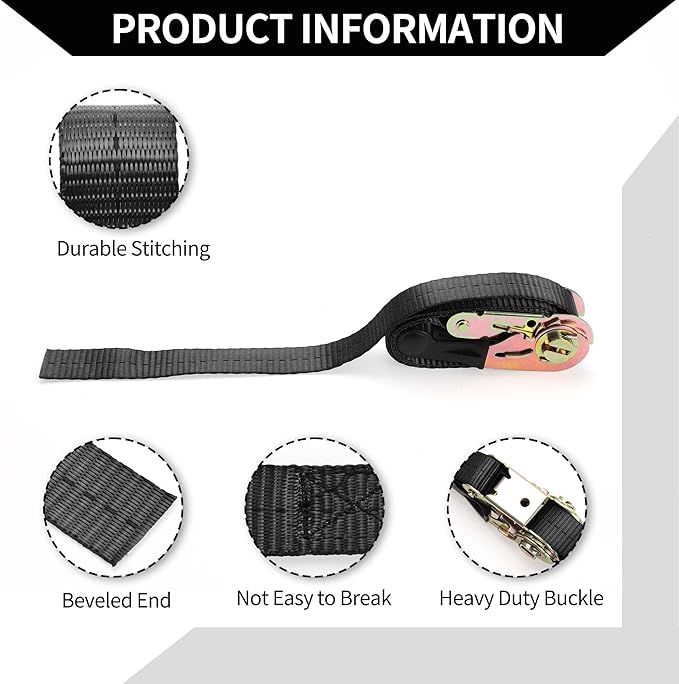 Ratchet Tie Down StrapsHeavy Duty Tensioning Belts Motorcycle Trailer Trucks CargoAdjustable 800kg 1"x 10'  1 Pcs Black