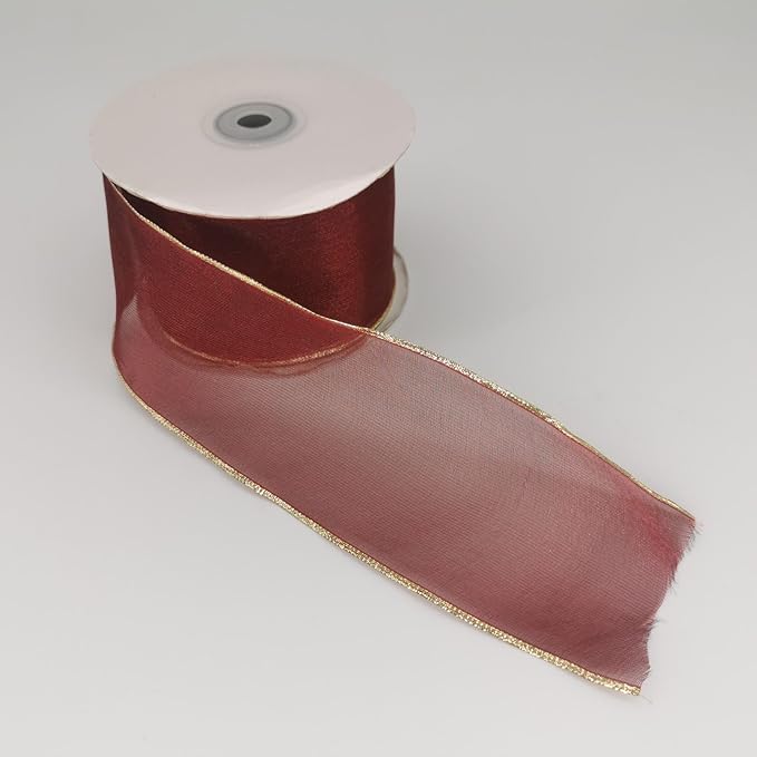HATIANGE Burgundy Organza Wired Ribbon Gold Lurex Edge Sheer Ribbon, 2.5 Inch x 25 Yards, for Gift Wrapping DIY Xmas Tree Bows Wreaths Craft Decoration