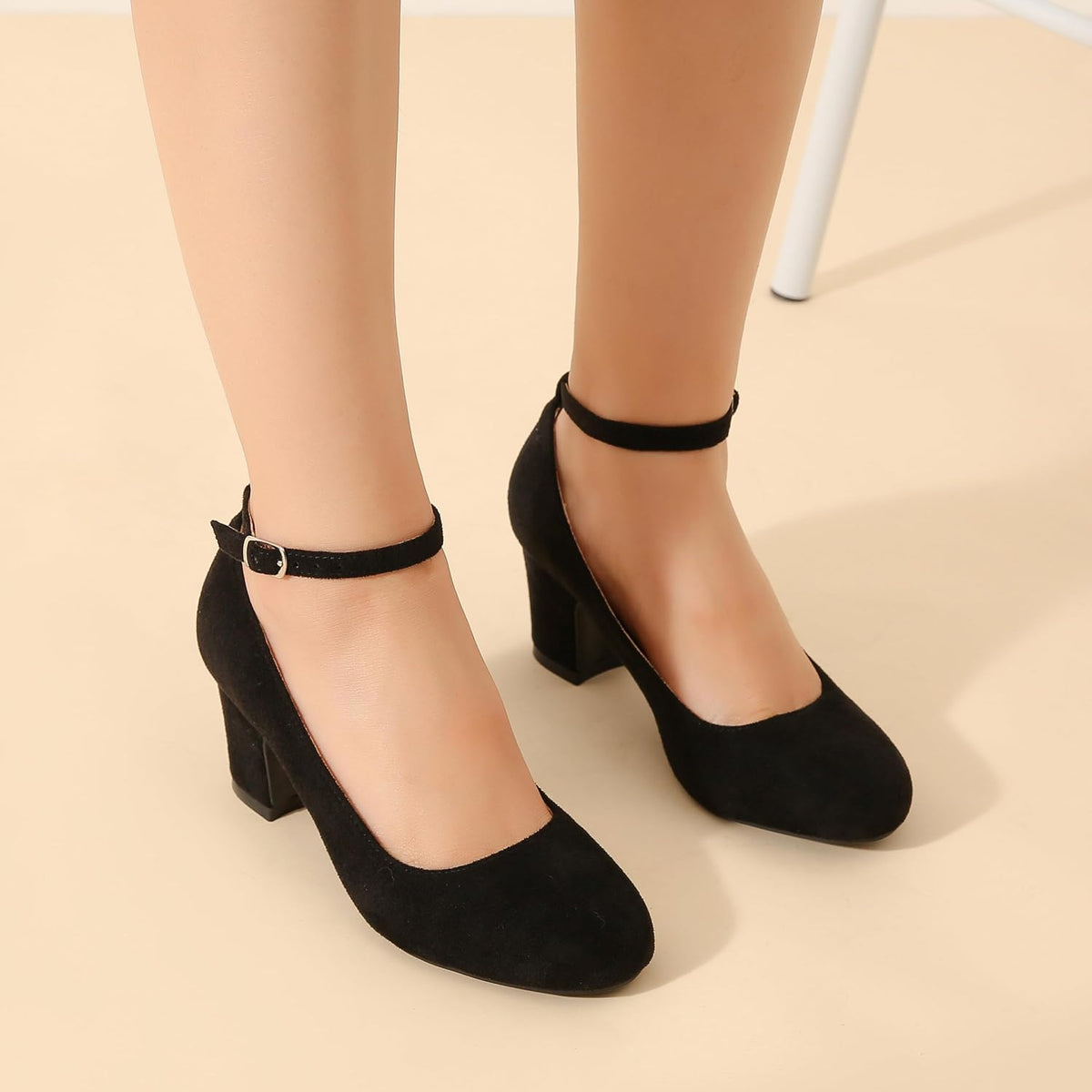 Women's Ankle Strap Low Block Chunky Heels Pumps Closed Round Toe Dress Wedding Office Work Church Shoes