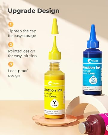 Hiipoo Sublimation Ink Refilled Bottles with Heat Tape Refill for ET2400 XP4105 XP4100 ET2720 ET2760 ET2750 ET4800 ET-2800 ET-2803 ET-2850 Inkjet Printers Heat Press Transfer on Mugs T-Shirts