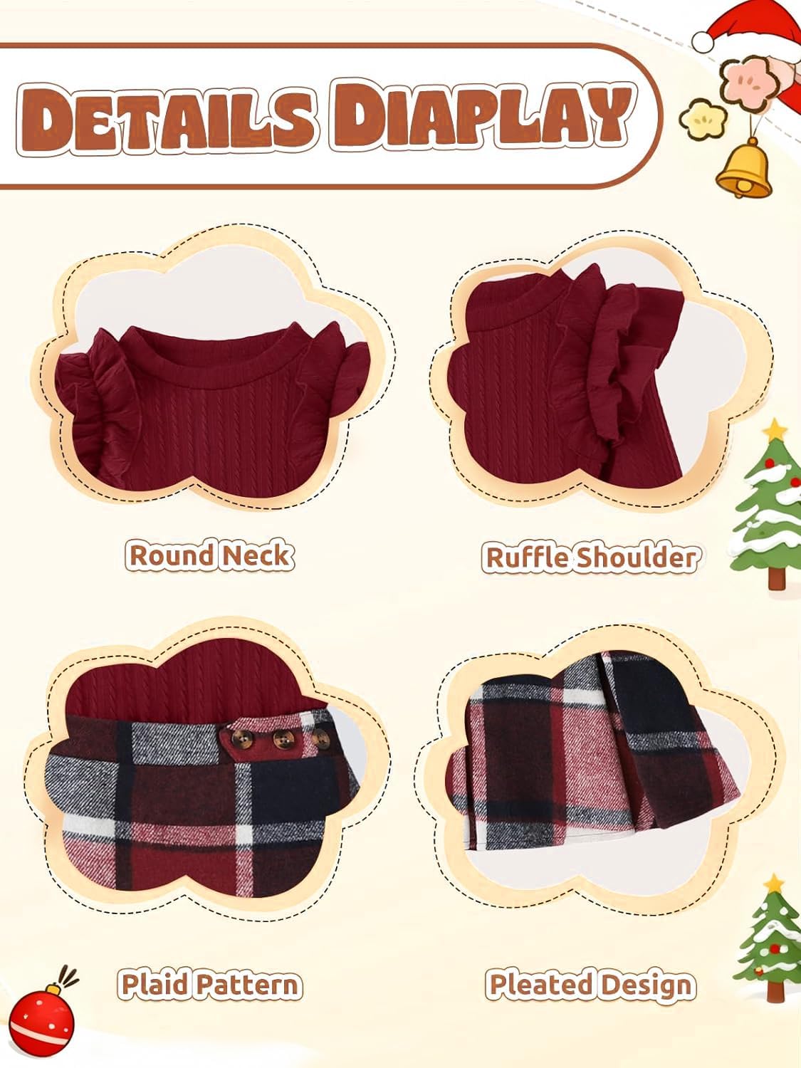 AMAWMW Girls Outfit Skirt Set Ribbed Knit Ruffle Sleeve Top Plaid Pleated Skirt Set Fall Winter Clothes