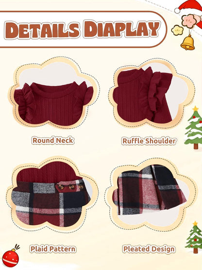 AMAWMW Girls Outfit Skirt Set Ribbed Knit Ruffle Sleeve Top Plaid Pleated Skirt Set Fall Winter Clothes