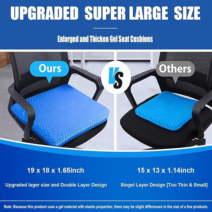 Gel Seat Cushion for Long Sitting Pressure Relief (Super Large  Thick) - Non-Slip Gel Chair Cushion for Back,Sciatica,Tailbone Pain Relief - Seat Cushion for Office Desk Chair,Car Seat,Wheelchair
