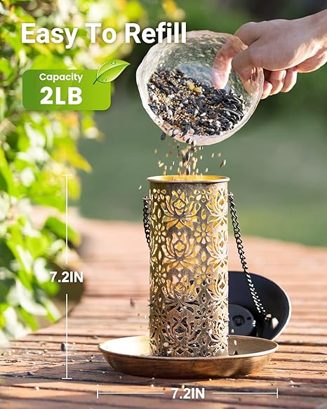 SWEETFULL Solar Bird Feeder for Outdoors Hanging, Metal Wild Bird Feeder for Cardinals Solar Garden Lantern with S Hook as Gift for Bird Lovers (2LBs Heavy Duty birdfeeders)