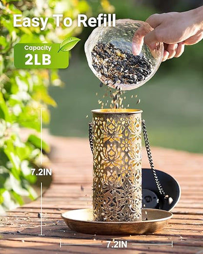 SWEETFULL Solar Bird Feeder for Outdoors Hanging, Metal Wild Bird Feeder for Cardinals Solar Garden Lantern with S Hook as Gift for Bird Lovers (2LBs Heavy Duty birdfeeders)
