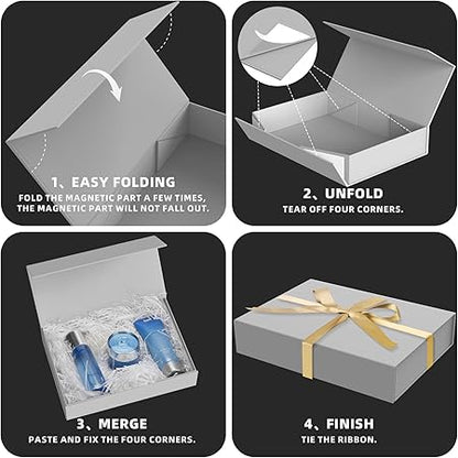 5 Pack Gift Boxes with Lids, 11 x 8.2 x 2.3 Inches Packing Box for Presents Ribbon Magnetic Closure, Luxury Wrapping Gift Boxes for Weddings, Birthdays, Chrismas, Halloween, Silver