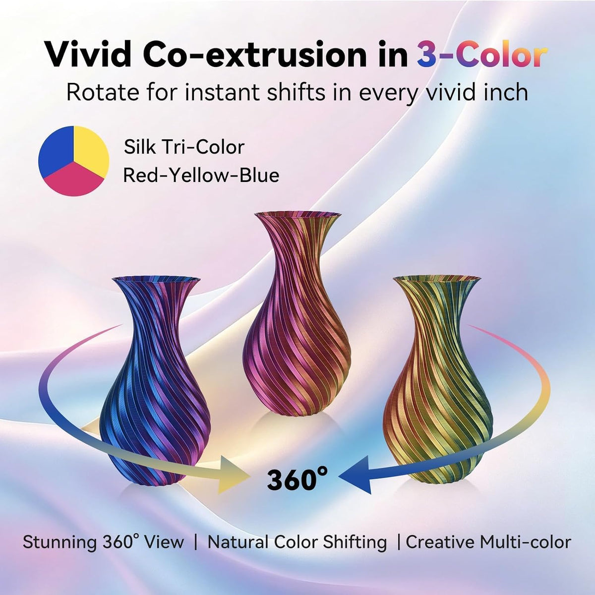 PLA Filament, Multicolor Silk PLA Filament, Tri Color 3D Printer Filament, 1.75 mm, Dimensional Accuracy +/- 0.03 mm, 1kg Spool(2.2lbs), Red Blue Yellow