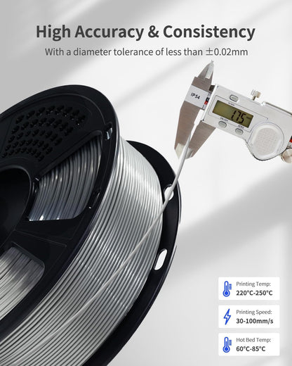 Silver PETG Filament 1.75mm 1kg (2.2lbs), High Toughness & Wear Resistant 3D Printer Filament, Dimensional Accuracy +/-0.02mm, Smooth Feeding No Tangle Clog Bubble, Fit for Most FDM 3D Printers