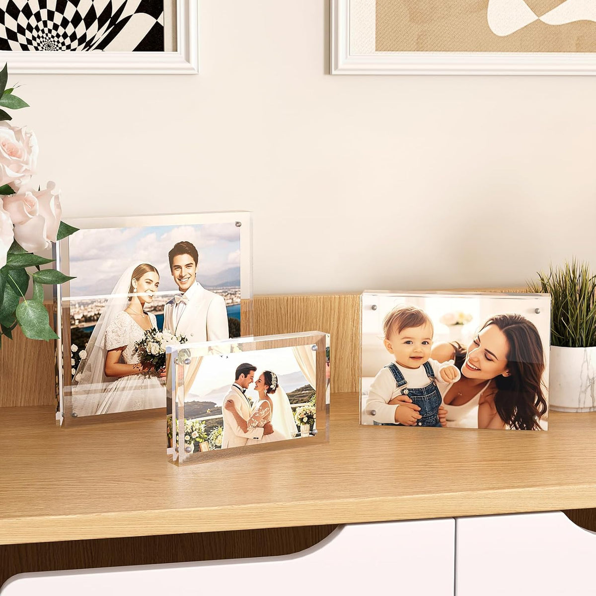 Egofine 4x6 Acrylic Frames 4 Pack, 20mm Thicker Frameless Clear Picture Frames, Double Sided Magnetic Picture Frames, Free Standing Desktop Displa