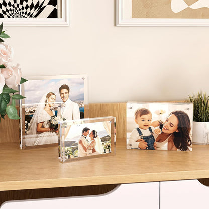 Egofine 4x6 Acrylic Frames 4 Pack, 20mm Thicker Frameless Clear Picture Frames, Double Sided Magnetic Picture Frames, Free Standing Desktop Displa