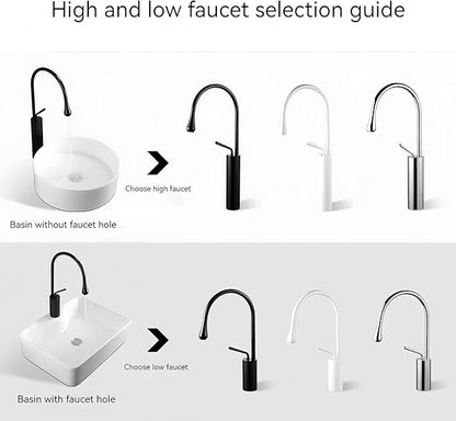 Vessel Sinks Copper Faucets, with High Arch Long Spout Goose Neck, Champagne Bronze Brushed Gold Art Deco Narrow Tall Skinny, Bathroom Wet Bar Bowl, 1 Hole Brass Finish Single Hot and Cold