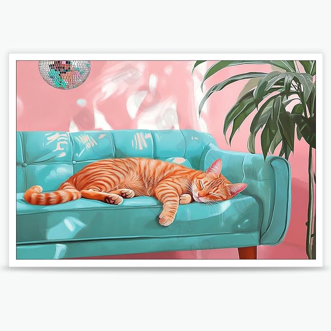 LRCYBMN Trendy Disco Ball Orange Cat Posters Funny Pet Orange Cat Sleeps On The Sofa Canvas Oil Painting Bar Cart Wall Decor Home Room Decor Aesthetics 16X24 in Unframed