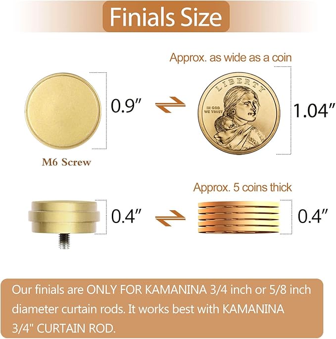 KAMANINA End Cap Replacement Finials for 34 or 58 Inch Curtain Rods, Warm Gold Drapery Rod Finials with M6 Standard Screws, Set of 2
