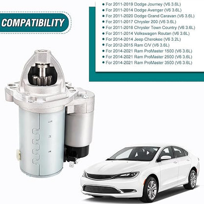 19616 Starter V6 3.6L Fit for Dodge Grand Caravan, Chrysler 200 Town  Country, Journey Ram CV Promaster 1500 2500 3500, Routan 14 Cherokee