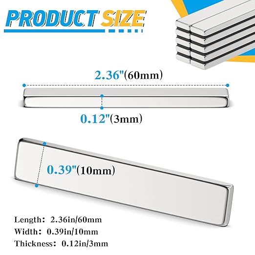 Grtard 60 Pack Powerful Neodymium Bar Magnets, 60 x 10 x 3 mm Rare Earth Magnet Bar, Rectangle Magnet,Neodymium Magnets with Double Sided Adhesive Backing for Outdoor, Fridge, Whiteboard