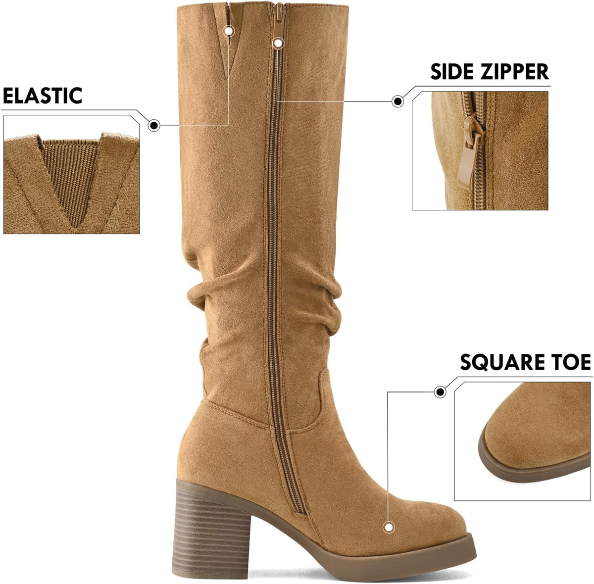 Knee High Boots for Women Chunky Heel Platform Slouchy Stretchy Suede Round Toe with Side Zipper Fall and Winter Fashion Comfortable Boots