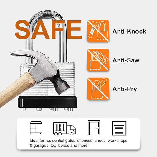Pad Lock with 2 Keys, Heavy Duty Laminated Padlock with Long Hardened Shackle for Indoor/Outdoor Use, Candados para Puertas