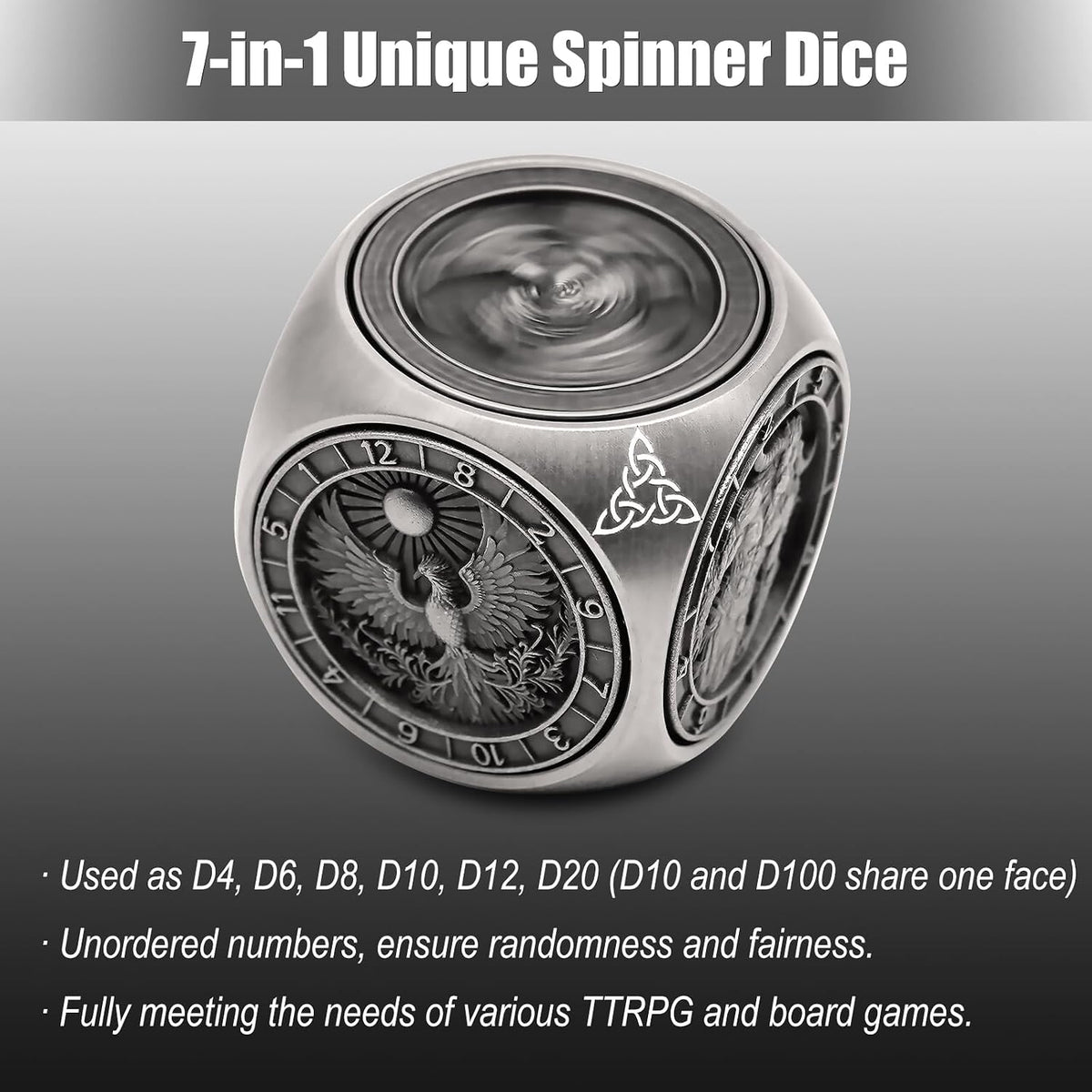 DND Spinner Dice, 7 in 1 Unique Metal Dice Set with 3D Relief for Dungeons and Dragons Gifts, Cool Polyhedral Role Playing Game Dice, Fantasy D&D Tabletop RPG Accessories for DM & Player (Silver)