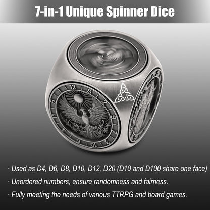 DND Spinner Dice, 7 in 1 Unique Metal Dice Set with 3D Relief for Dungeons and Dragons Gifts, Cool Polyhedral Role Playing Game Dice, Fantasy D&D Tabletop RPG Accessories for DM & Player (Silver)
