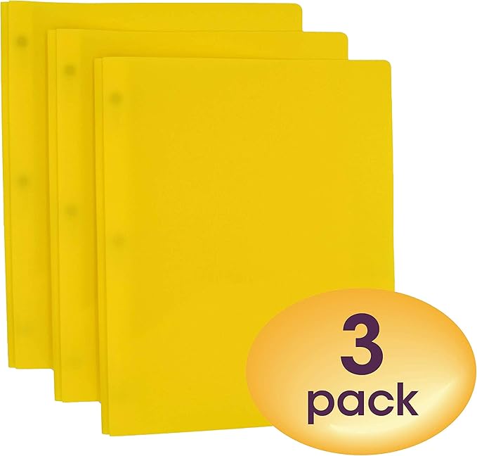 Smead Poly Two-Pocket Folder, Three-Hole Punch Prong Fasteners, Letter Size, Yellow, 3 per Pack (87733) (Pack of 2)