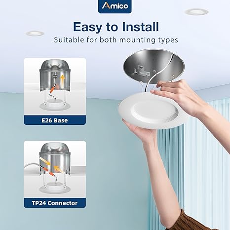 Amico 1 Pack 56 inch 5CCT LED Recessed Lighting, Dimmable, IC  Damp Rated, 12.5W100W, 950LM Can Lights with Baffle Trim, 2700K3000K4000K5000K6000K Selectable, Retrofit Installation - ETL  FCC