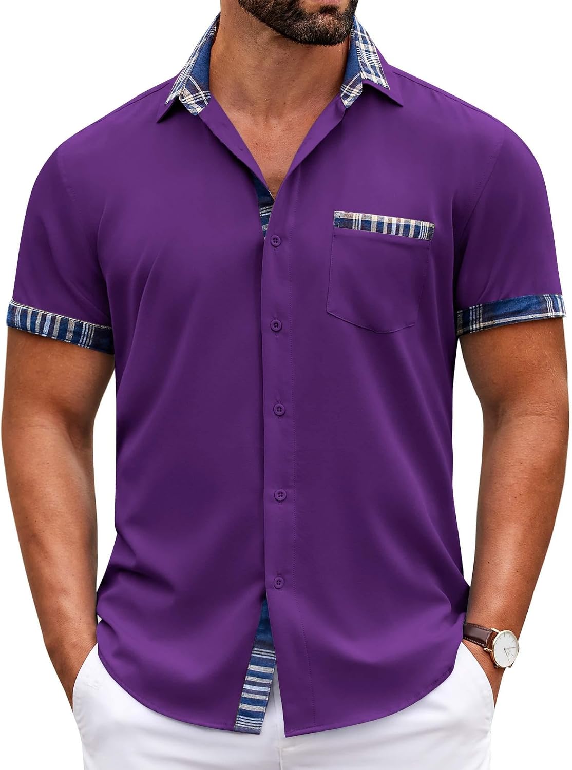 COOFANDY Medium Mens Short Sleeve Button Down Shirts Casual Wrinkle Free Dress Shirt Plaid Collar Summer Shirts