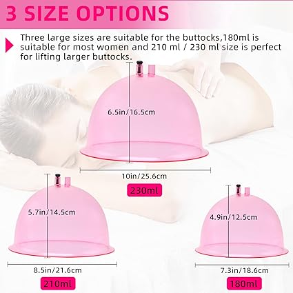 Buttocks Cupping Kit for Massage Therapy,A Pair of Vacuum Cups for Butt Lifting with Y Hose,230,210,180 ML Extra Large Vacuum Therapy Machine Accessories (230ML)