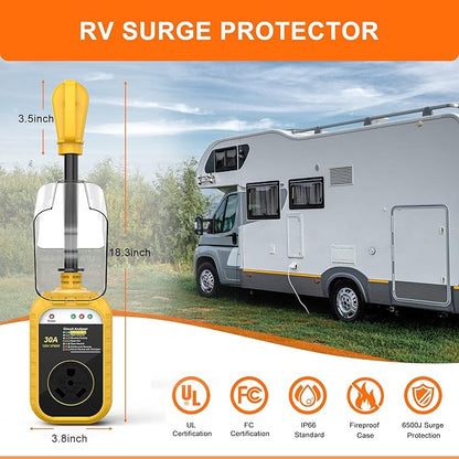 RV Surge Protector 30 Amp, RV Surge Protector with UL Certified, Waterproof Cover, Circuit Analyzer Power Guard for RV, Camper, Trailer -6500 Joules
