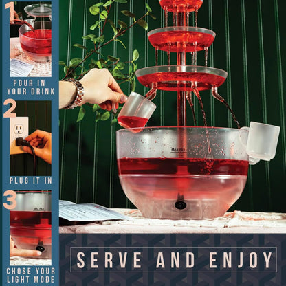 Kusini Drink Fountain for Parties - 1 Gallon Max, 3 Tier Punch Bowl Drink Tower, LED Base, 4 Reusable Cups - Drink Dispenser Machine for, Juice, Punch, Pani Puri Fountain for Party Hosting Supplies