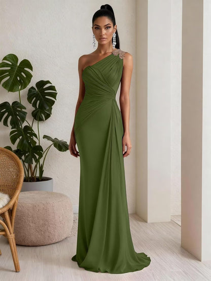 RYANTH One Shoulder Chiffon Bridesmaid Dresses for Women Mermaid Long Prom Dress Pleated Beaded Formal Evening Gowns.