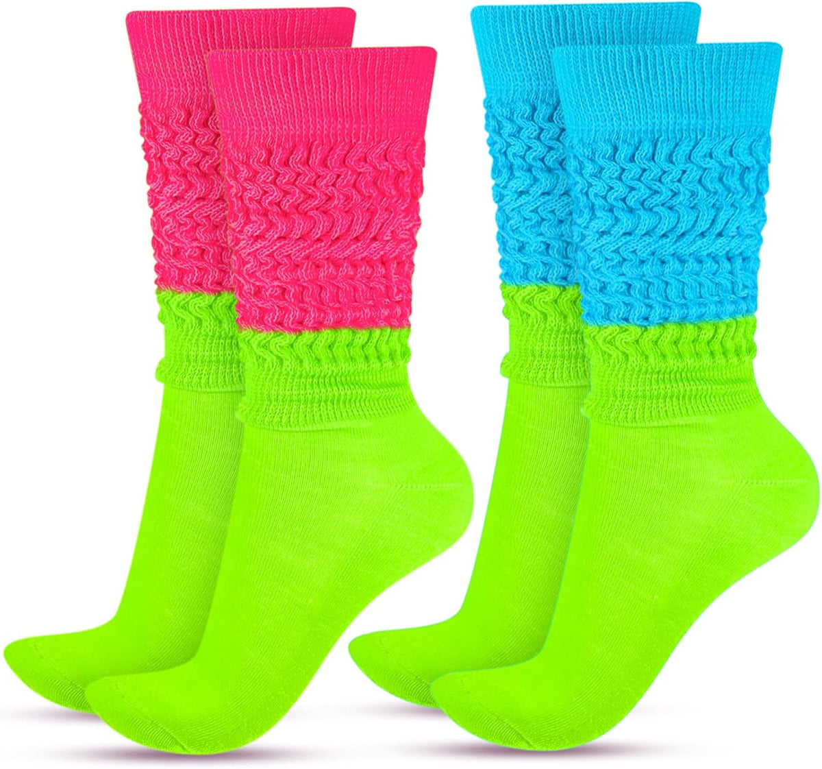 JenPen 2 Pairs Neon Slouch Socks for Women, 80s 90s Scrunch Knee High Socks Forfor 80s 90s Party Extra Long