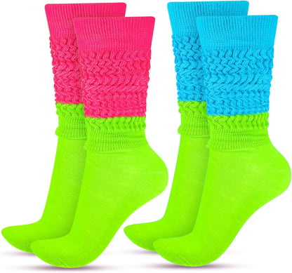 JenPen 2 Pairs Neon Slouch Socks for Women, 80s 90s Scrunch Knee High Socks Forfor 80s 90s Party Extra Long